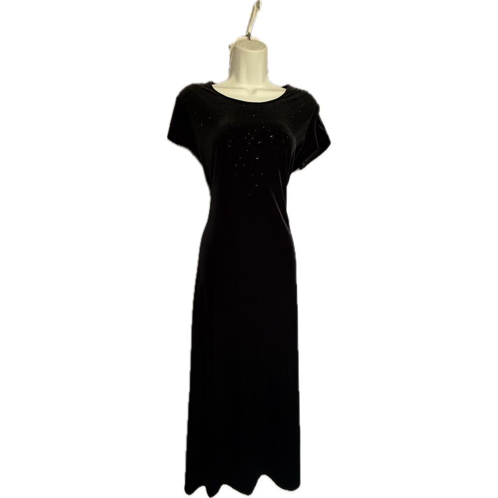 NWT JR Nites Vintage Black Velvet Beaded Short Sleeve Maxi Dress Women’s Size M